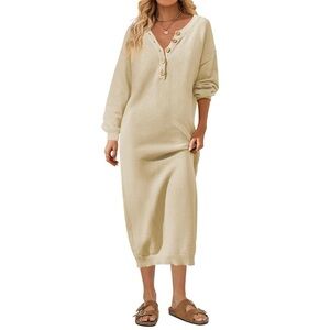 Merokeety Womens Beige Knit Sweater Dress Henley Button Belted Midi Small